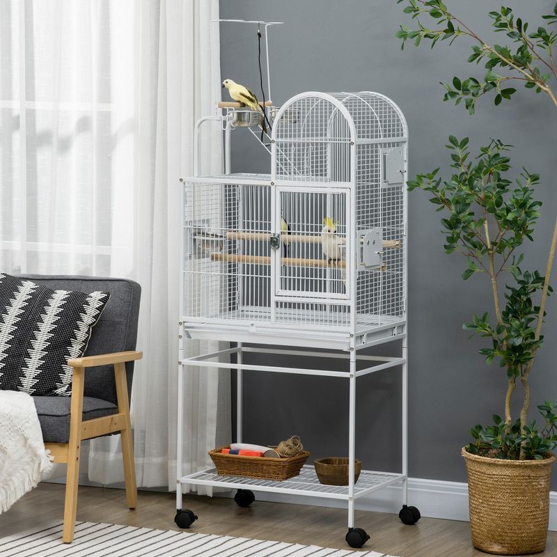 PawHut 55" Large Parrot Cage with Toy Hooks Bird Perch, Tray, Food Cups, Rolling Stand, Bird Cage for Cockatiels, Parakeets, Lovebirds, 3 of 7