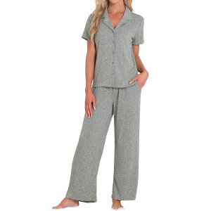 INSPIRE CHIC Women's Turndown Collar Knit Short Sleeve Top with Side Pocket Long Pant Pajamas Set - 1 of 4