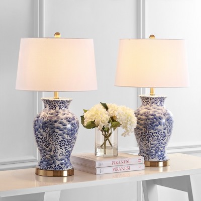 Alona Blue and White Ceramic Table Lamp Set with Brass Base
