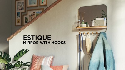 White Wood Rectangular Mirror with Hooks and Tray