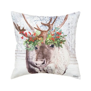 C&F Home 18" x 18" Reindeer Holly Flower Crown Indoor and Outdoor Christmas Throw Pillow - 1 of 4