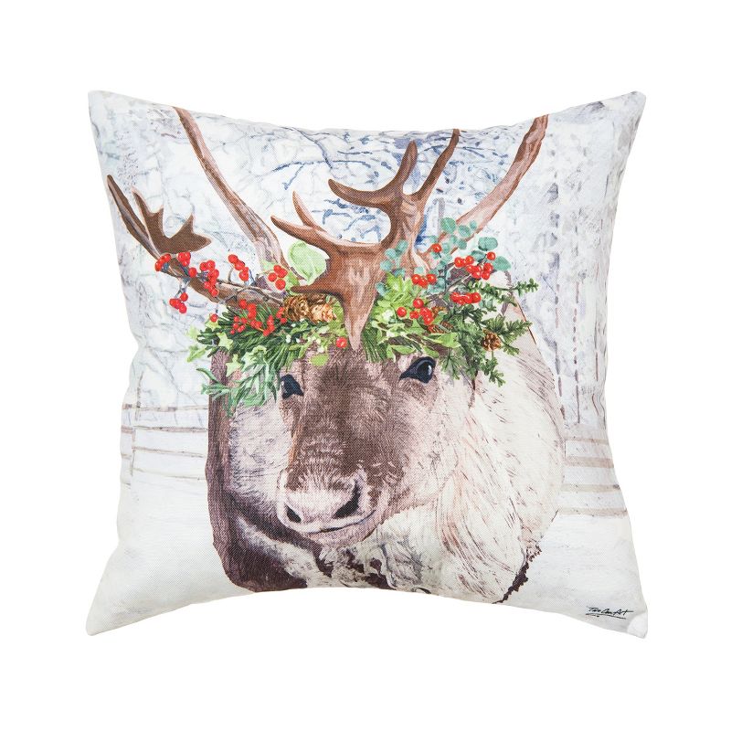 C&F Home 18" x 18" Reindeer Wearing a Red Holly Flower Crown Indoor and Outdoor Throw Pillow, 1 of 6