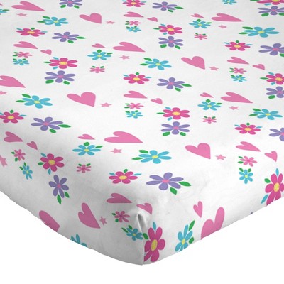 White Microfiber Toddler Sheet Set with Floral and Hearts Design
