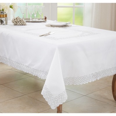 White Fabric Tablecloth with Silver Braid Embroidery