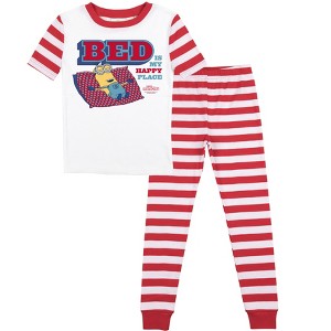Minions Bed Is My Happy Place Youth Short Sleeve Shirt & Red & White Striped Sleep Pajama Pants Set - 1 of 4