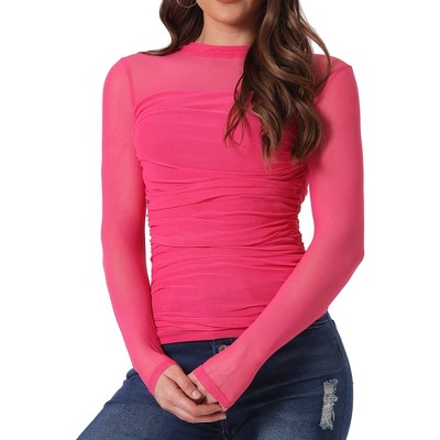 INSPIRE CHIC Women's Solid Mock Neck Mesh Sheer Long Sleeve Ruched Blouses