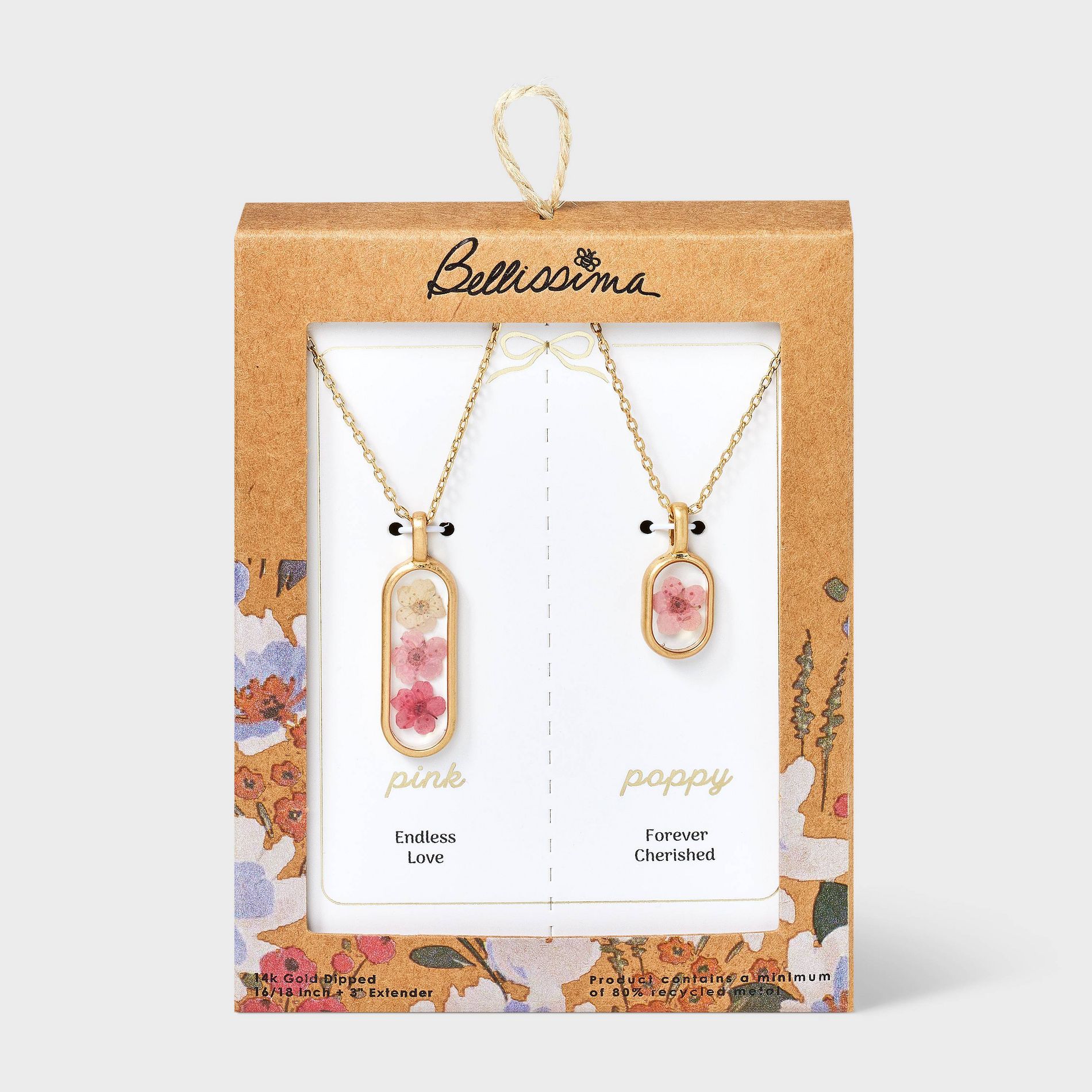 Bella Uno Bellissima 14K Gold Dipped Poppy Pendant Necklace Set 2pc - Pink/Gold
