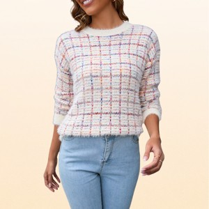 EadianDree Womens Plaid Sweater Fuzzy Casual Crewneck Drop