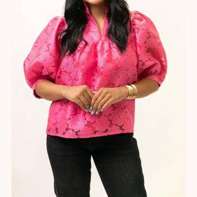 Women's Floral Organza High Neck Top With Puff Sleeve - Jade