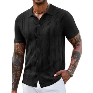 COOFANDY Men's Knit Shirts Short Sleeve Casual Button Down Polo Shirt Summer Beach Vacation Shirts - 1 of 4