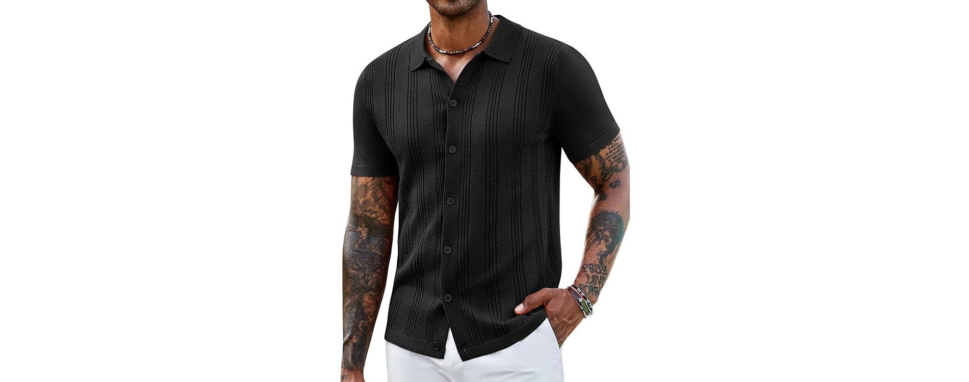 COOFANDY Men's Knit Shirts Short Sleeve Casual Button Down Polo Shirt Summer Beach Vacation Shirts