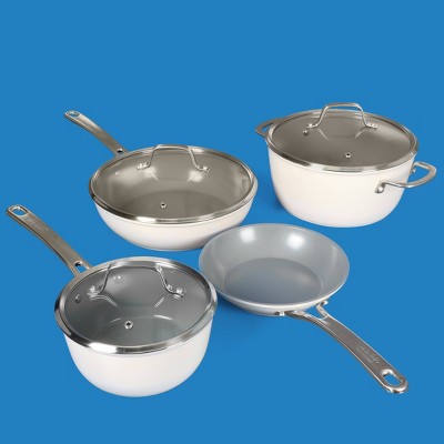 10-Piece Linen White Nonstick Aluminum Cookware Set with Glass Lids