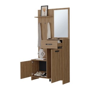 TiramisuBest Natural Oak Hall Tree: Multistorage Marvel with 1 Mirror and Adjustable Legs for Customized Functionality! - 1 of 4