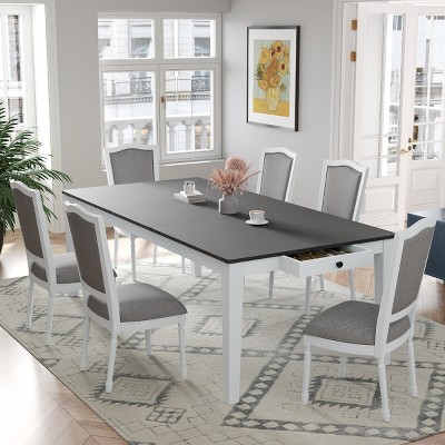 7 PCS Farmhouse Extendable Dining Set, Table with 2 Storage Drawers, 6 Upholstered Rubber Wood Frame Chairs with Polyester Cushion-Baofuwish