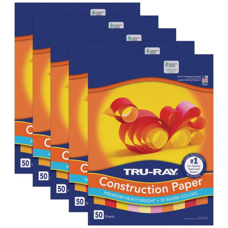 Tru-Ray Construction Paper, Warm Assorted, 12" x 18", 50 Sheets Per Pack, 5 Packs, 1 of 2