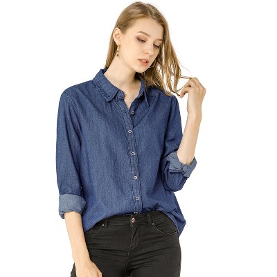 Allegra K Women's Classic Long Sleeve Loose Fit Button Up Denim Shirt