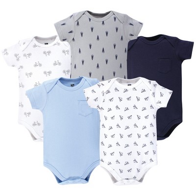 Image of Hudson Baby Infant Boy Cotton Bodysuits 5pk, Basic Paper Airplane, 12-18 Months