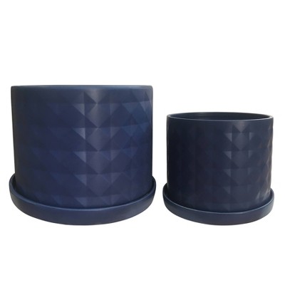 Sagebrook Home Set of 2 Diamond Ceramic Planters with Saucers Blue