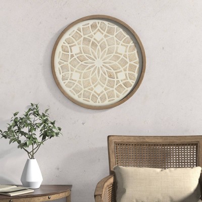 Leah Round Two-Tone Medallion Wall Decor Natural/White - Madison Park: 27" Geometric MDF Art, Modern Style, Spot Clean
