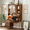 Wood Retro Desk with Hutch Cabinet and Storage Drawers with Transparent Glass-Door Bookshelf - 3 of 4