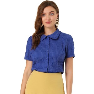 INSPIRE CHIC Women's Sweet Ruffle Trim Peter Pan Collar Button-Down Shirt - 1 of 4