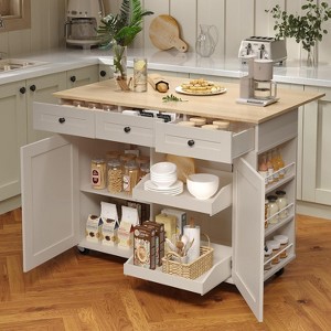 Rolling Kitchen Island Cart with Power Outlet & Drop Leaf, Kitchen Storage Cabinet on Wheels with 3 Drawers, Spice Rack & Towel Rack - 1 of 4