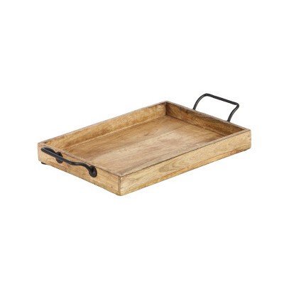 Rustic Brown Mango Wood Rectangular Tray Set with Slot Handles