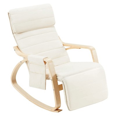 JOMEED Wooden Based Rocking Chair Armchair with Fabric Padded Seat and 5-Position Adjustable Footrest for Living Rooms or Nurseries