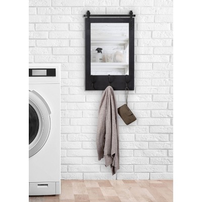 Black Wood Barn Door Wall Mirror with Hooks