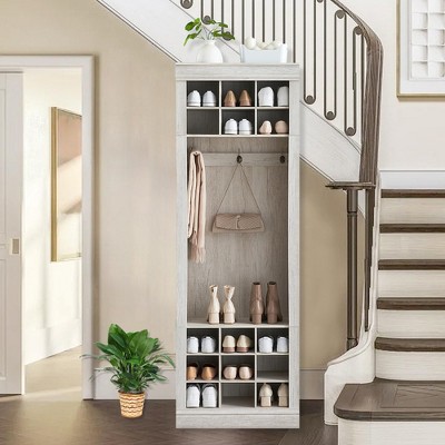 Shoe Storage Cabinet, Wooden Hall Tree With Cubbies for 36 Pairs and 5 Hooks for Hats and Coats