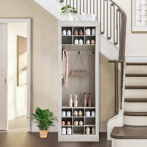 Shoe Storage Cabinet, Wooden Hall Tree With Cubbies for 36 Pairs and 5 Hooks for Hats and Coats - 1 of 4