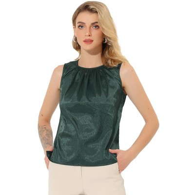 Allegra K Women's Satin Round Neck Sleeveless Work Office Pleated Blouse