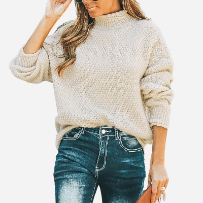 Women's Turtleneck Ribbed Long Sleeve Knit Sweaters - Cupshe - White ...