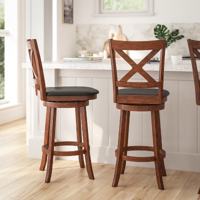 Antique Oak Classic Crossback 30" Swivel Bar Stool with Black Faux Leather Seat