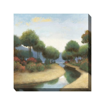 Cottage Garden West of The Wind Soothing Stream Green, Tan, Blue 24 x 24 Inch Waterproof Gallery Wrapped Canvas, Outdoor Garden, Yard, Patio All