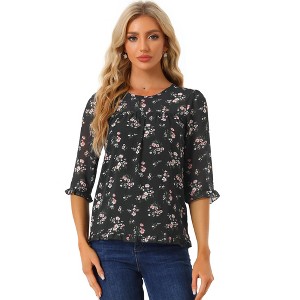 INSPIRE CHIC Women's Round Neck Ruffle 3/4 Sleeve Floral Print Chiffon Blouse - 1 of 4