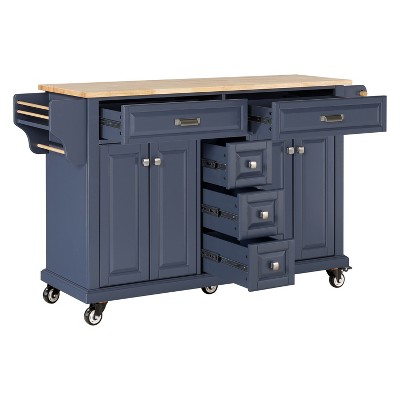 Vynxaria Kitchen Island - Rubberwood Countertop, 5-Wheel Rolling Cart with 5 Drawers, Storage Cabinet, Towel/Spice Racks for Dining & Kitchen,Blue
