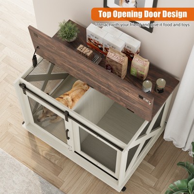 White Rolling Dog Crate Table with Dark Wood Top
