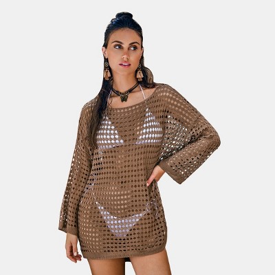 Women's Espresso Brown Open Knit Mini Cover-Up Dress - Cupshe