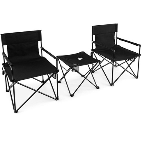 Tangkula Folding Camping Chair Set of 3 Portable Lawn Chair & Side Table w/  2 Cup Holders