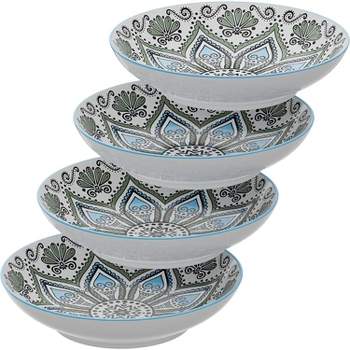 American Atelier Pasta Bowls, Set of 4, Large, 9-inch, Dinner Serving Plates, Wide and Shallow Multipurpose Bowls Set, Blue & White Medallion