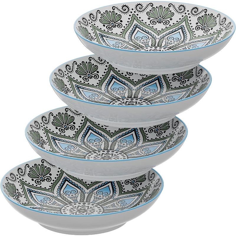 American Atelier Pasta Bowls, Set of 4, Large, 9-inch, Dinner Serving Plates, Wide and Shallow Multipurpose Bowls Set, Blue & White Medallion, 1 of 8