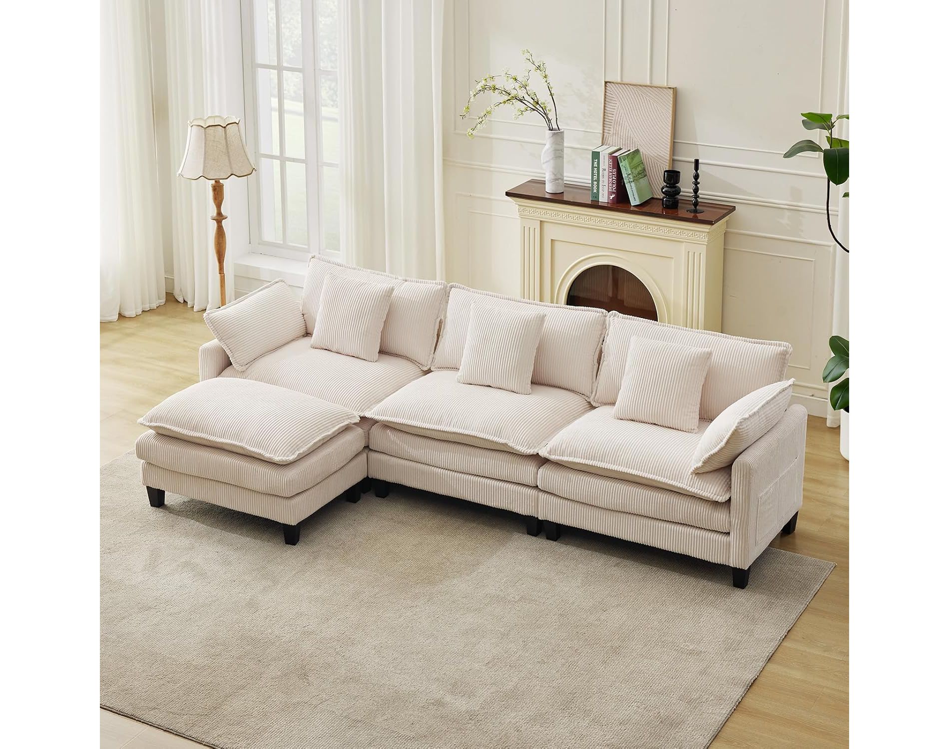 Coucheta Modular Sectional Cloud Couch - 112" & 146.5" L/U-Shaped Designs, Corduroy Fabric with Ottoman & Pillows, Deep Seat for Living Room