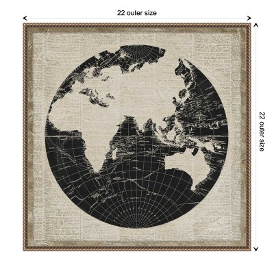 World News Map II Navy Canvas Print with Bronze Frame