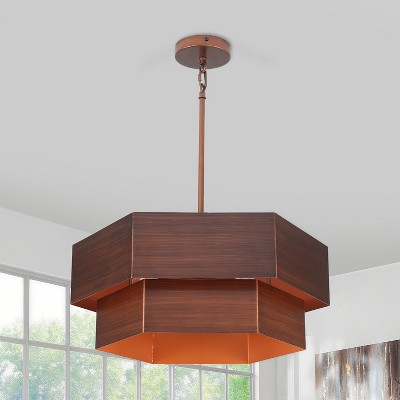 PAKOKULA 4-Light Tiered Brown Farmhouse Geometric Hexagon Chandelier