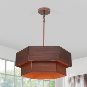 PAKOKULA 4-Light Tiered Brown Farmhouse Geometric Hexagon Chandelier - 1 of 4