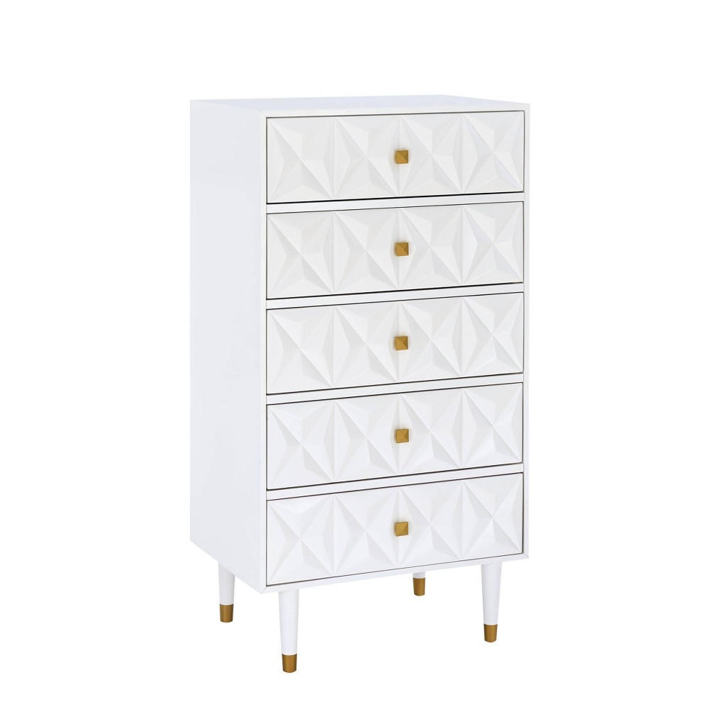Photos - Dresser / Chests of Drawers Linon Glam 5 Drawer Geo Textured Dresser Chest White with Gold Pulls  