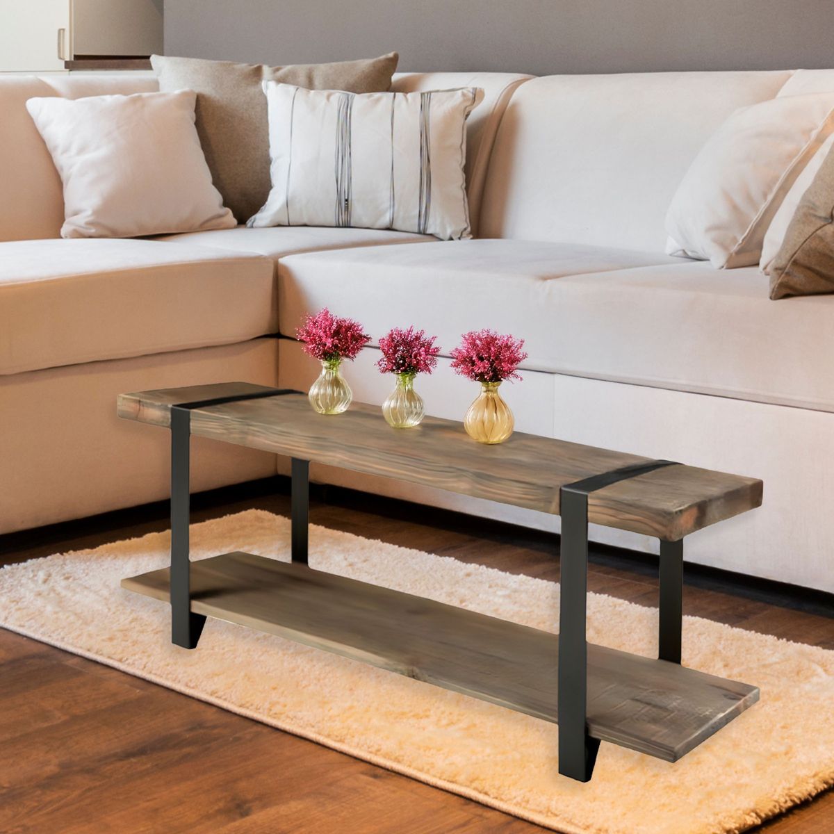 Alaterre Furniture Modesto 48 in. Solid Wood Entryway Bench with Storage Shelf, Rustic Natural Finish with Black Metal Legs and Strap Accent - thumbnail 4