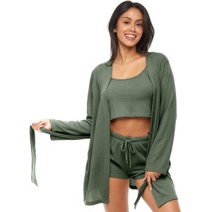 ADR Women's Pajamas Set, Soft Ribbed Knit Waffle 3 Piece Lounge Set - Robe, Cami Top and Sleep Shorts - 1 of 4