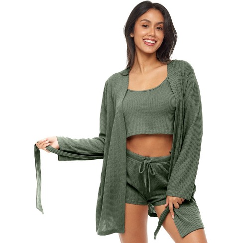 Adr Women's Ribbed Knit Robe And Pajamas Set - Robe, Cami Top And Sleep  Shorts Green 2x Large : Target